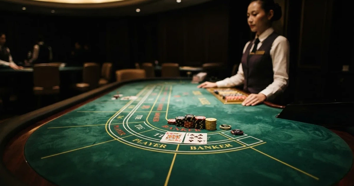 Elegantan stol za baccarat u casinu, zeleno sukno, špil karata, žetoni i djelitelj u prsluku, prigušena rasvjeta.