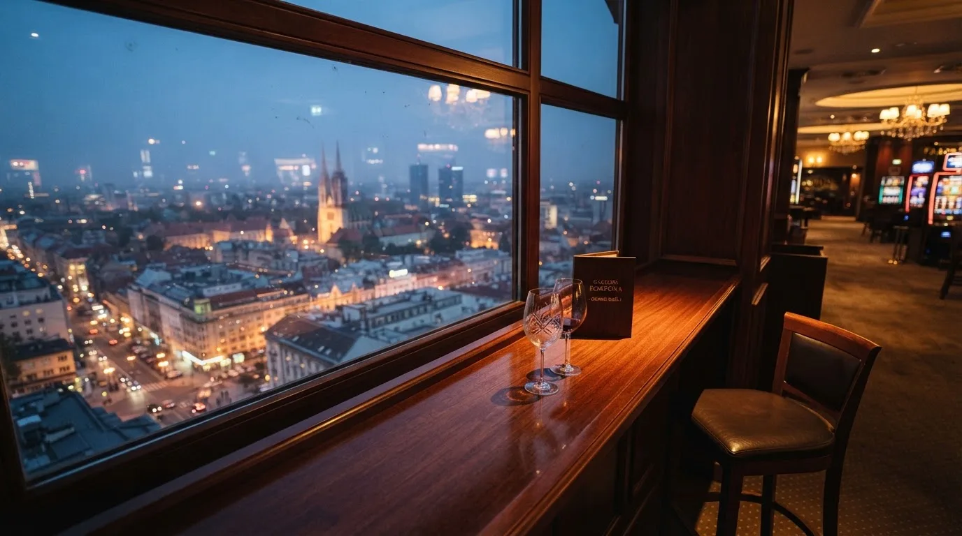 Pogled kroz prozor casina na večernji grad, bar s čašama i praznim stolicama, topla svjetla.
