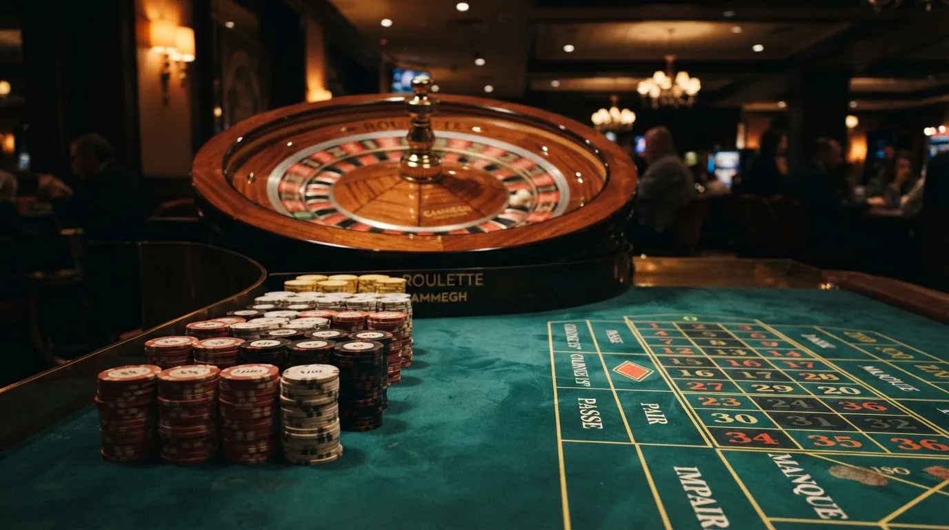 Kotač ruleta i žetoni na zelenom suknu pod toplim večernjim svjetlom — besplatni casina u hrvatskoj