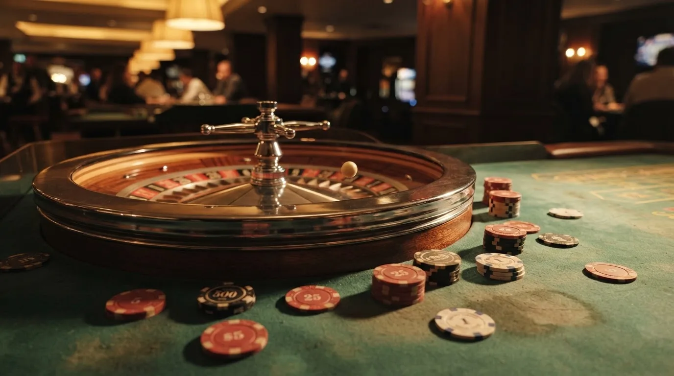 Kotač ruleta i žetoni na zelenom suknu pod toplim večernjim svjetlom — blackjack casina u hrvatskoj