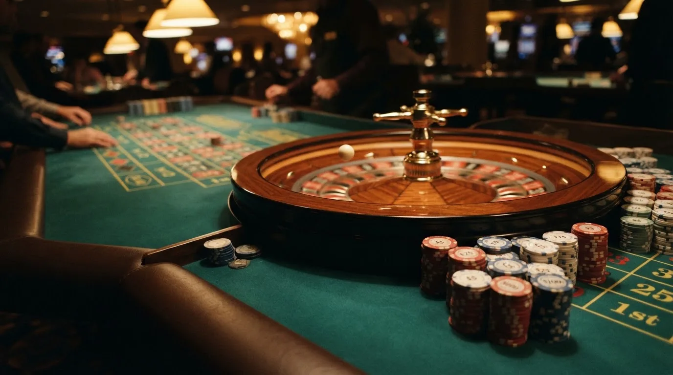 Kotač ruleta i žetoni na zelenom suknu pod toplim večernjim svjetlom — bonusi bez depozita u kasinu