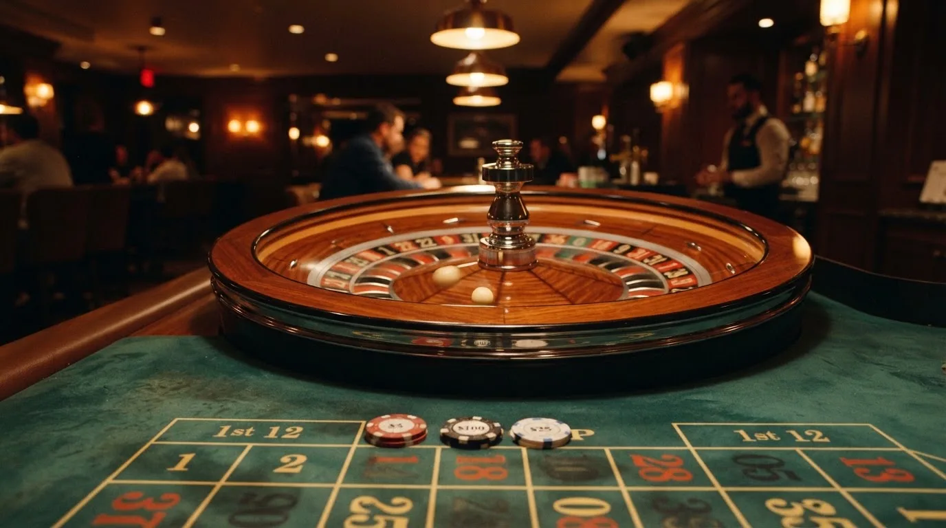 Kotač ruleta i žetoni na zelenom suknu pod toplim večernjim svjetlom — casina za android u hrvatskoj