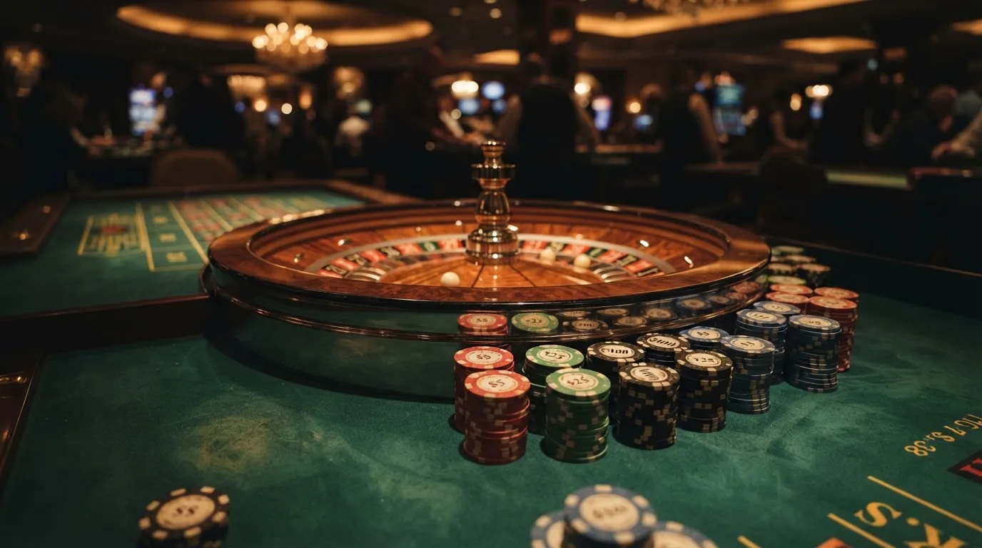 Kotač ruleta i žetoni na zelenom suknu pod toplim večernjim svjetlom — casina za iphone u hrvatskoj