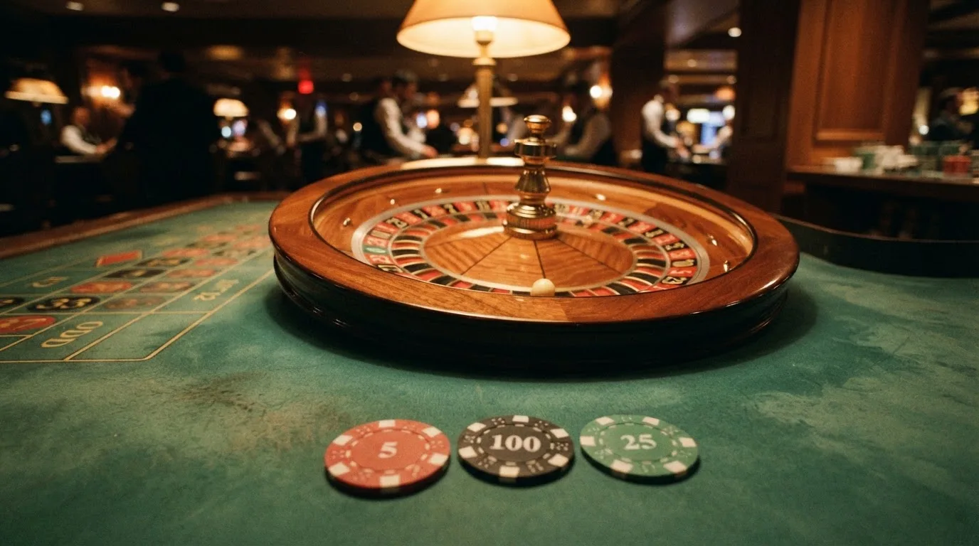 Kotač ruleta i žetoni na zelenom suknu pod toplim večernjim svjetlom — casino aparati u hrvatskoj