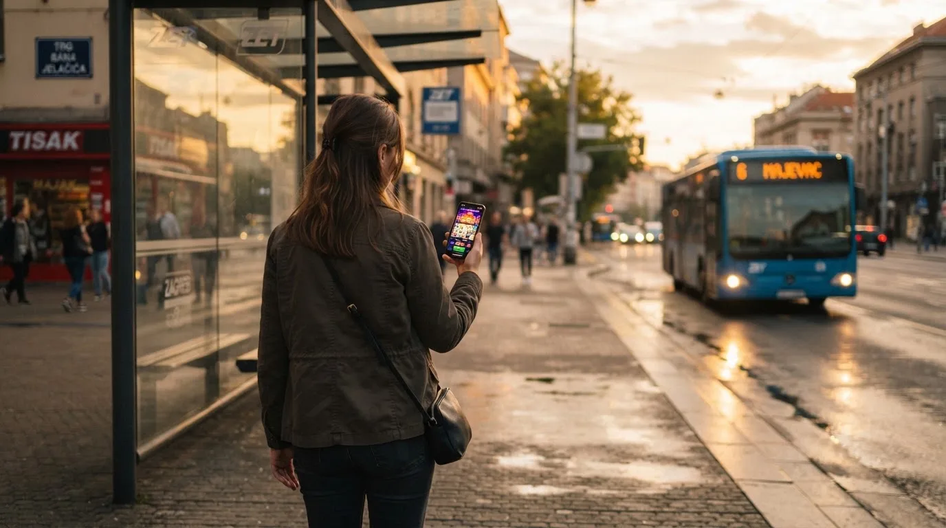 Osoba na autobusnoj stanici u Zagrebu čeka autobus i drži mobitel u ruci, kasno poslijepodne.