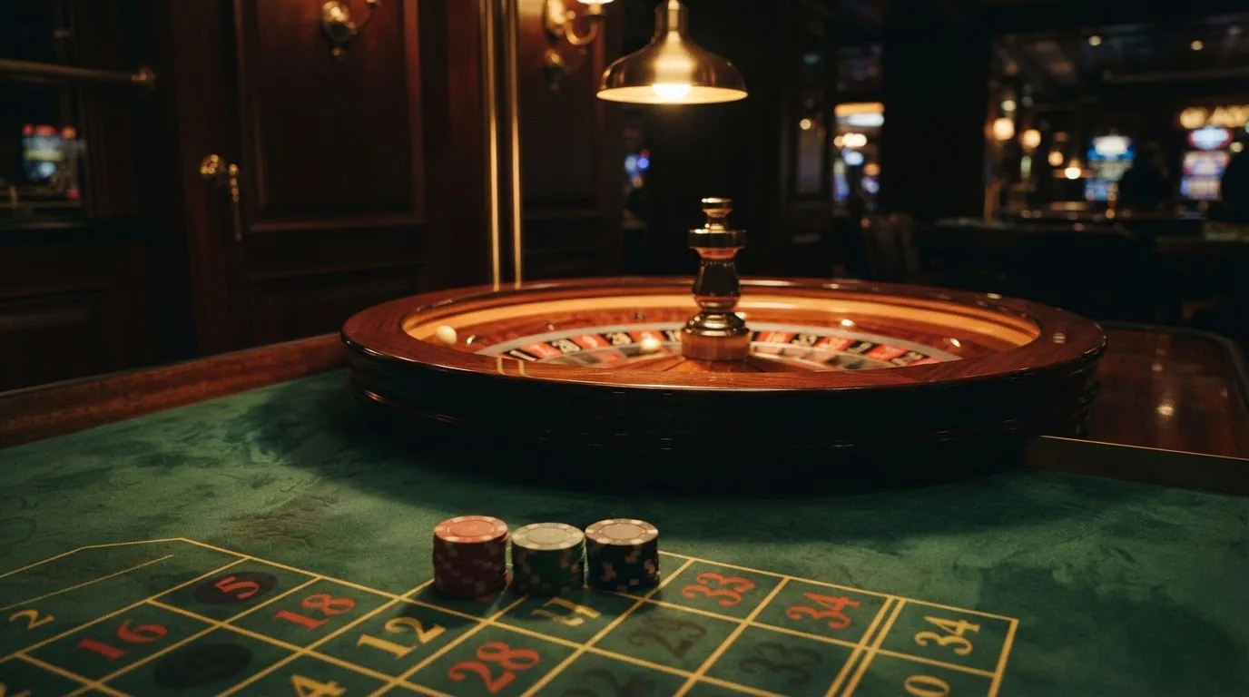 Kotač ruleta i žetoni na zelenom suknu pod toplim večernjim svjetlom — casino bez registracije u hrvatskoj
