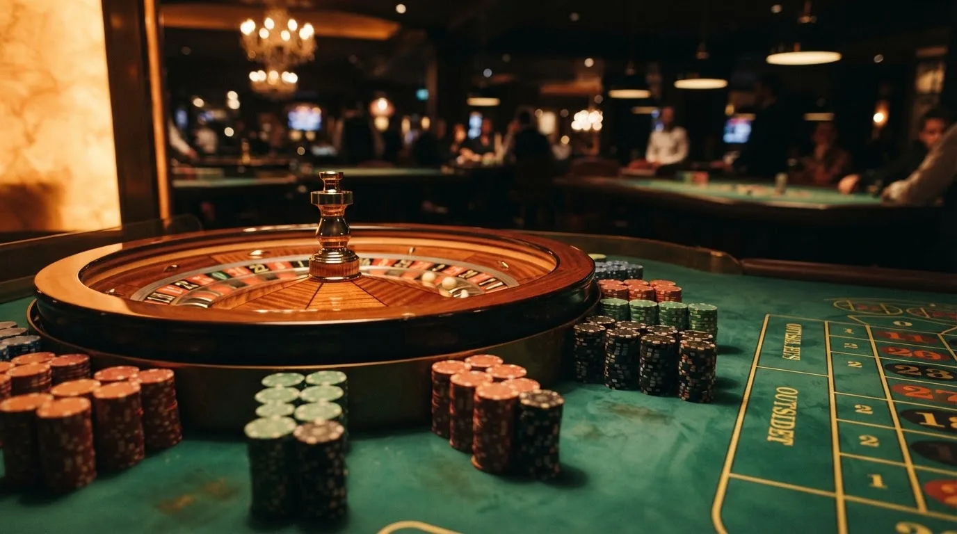 Kotač ruleta i žetoni na zelenom suknu pod toplim večernjim svjetlom — casino igre u hrvatskoj