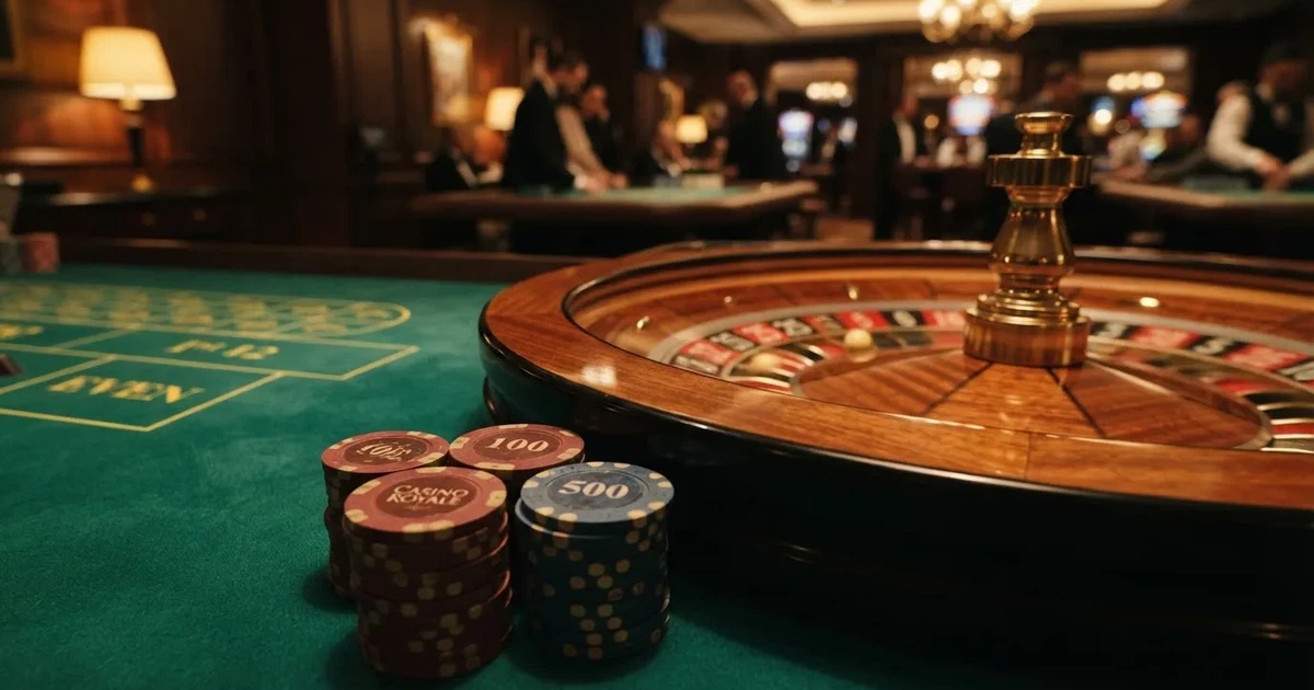 Kotač ruleta i žetoni na zelenom suknu pod toplim večernjim svjetlom — casino lutrija u hrvatskoj