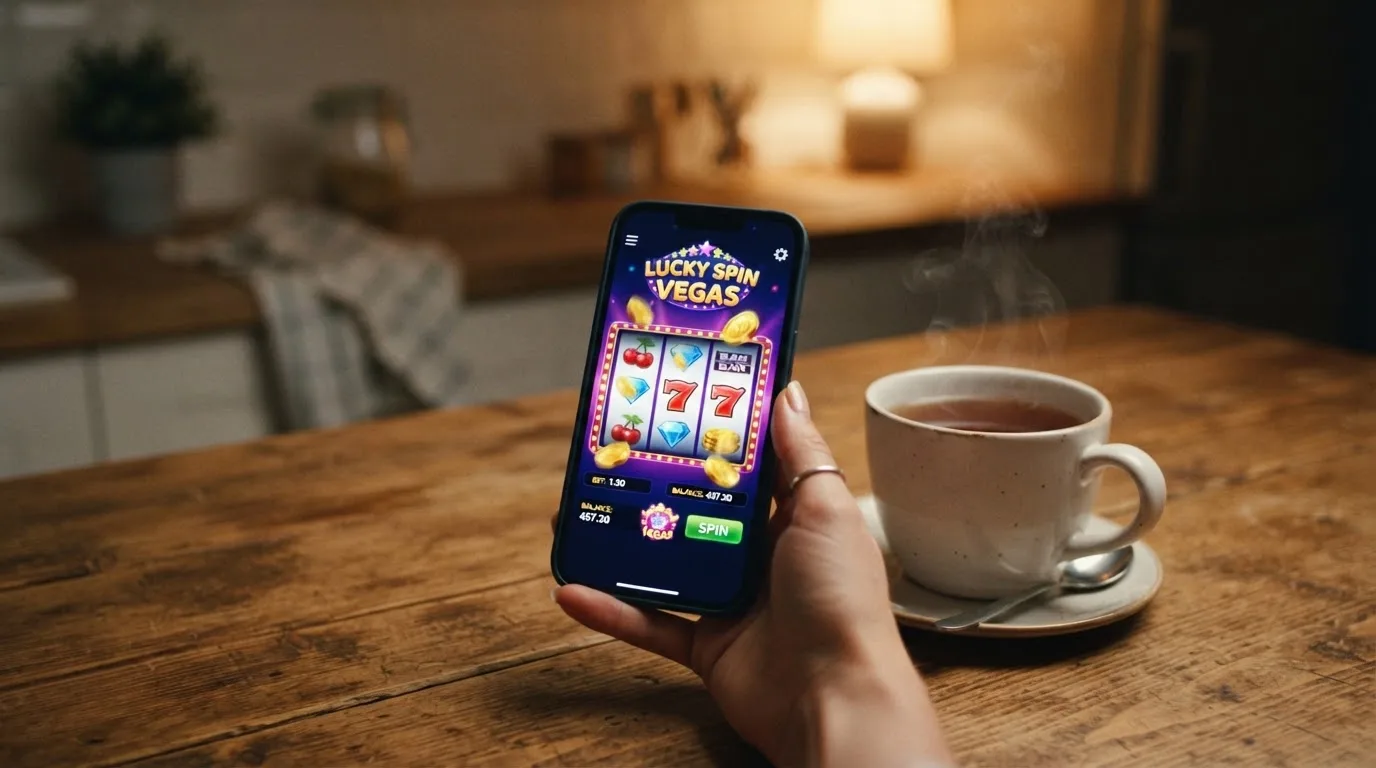 Ruka drži mobitel pokraj šalice čaja na kuhinjskom stolu u mirnu večer — casino lutrija u hrvatskoj