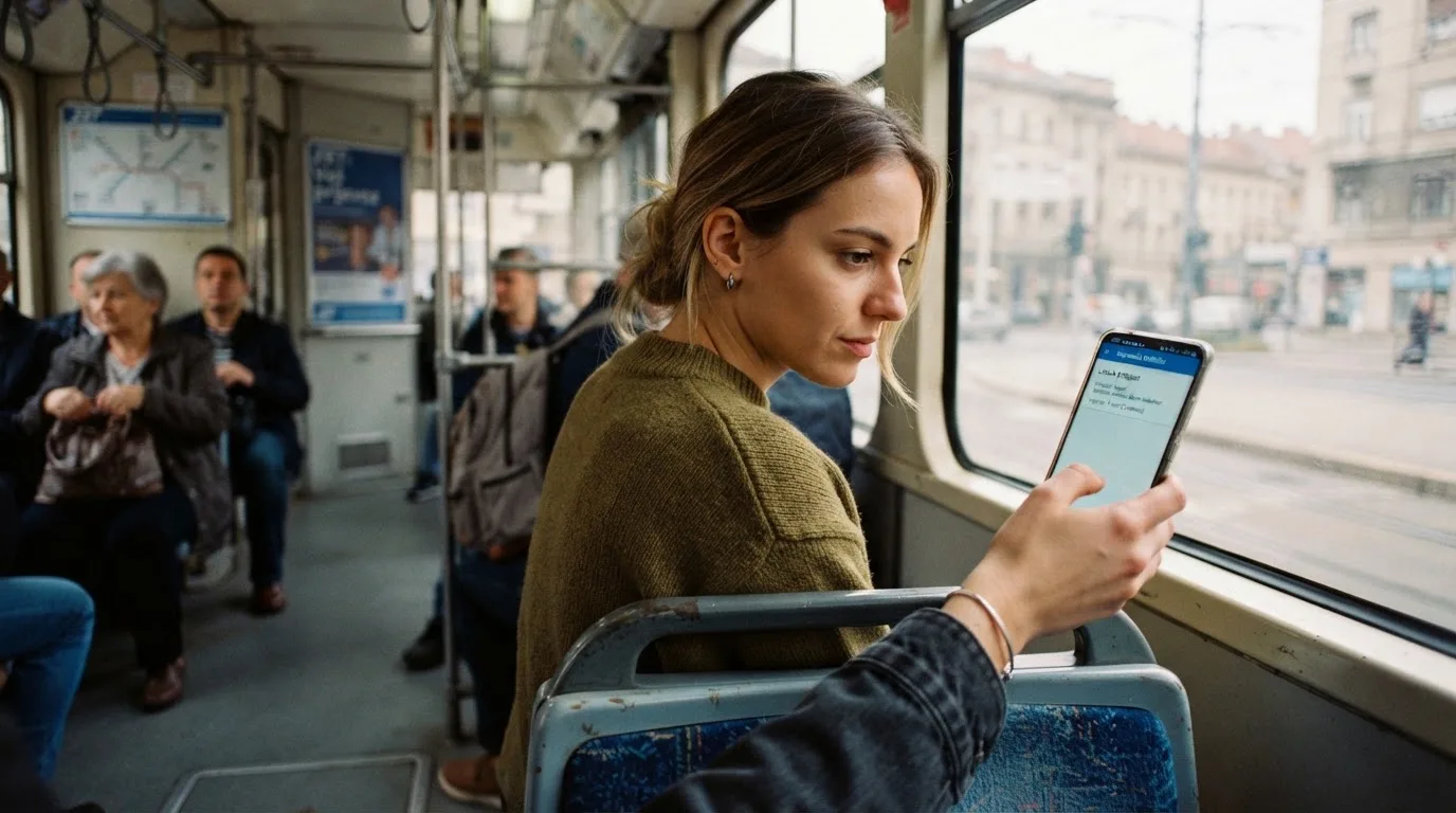 Žena u zagrebačkom tramvaju drži pametni telefon, putnici u pozadini zamućeni, dnevno svjetlo kroz prozore.