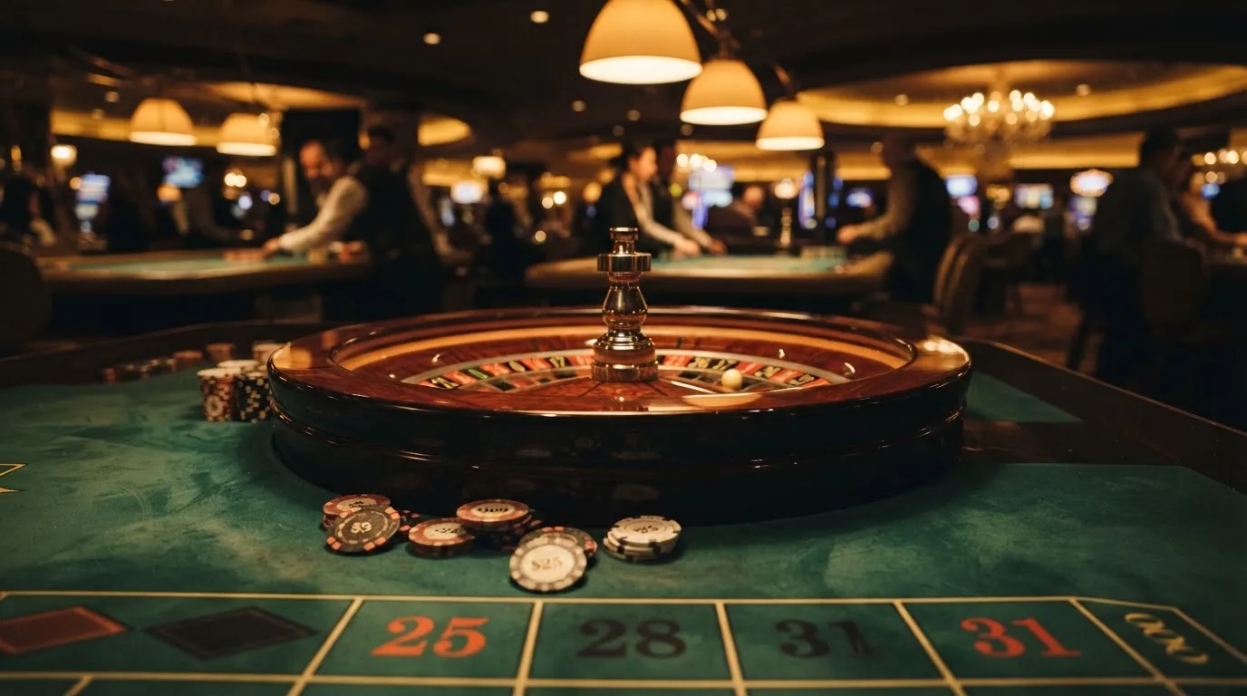 Kotač ruleta i žetoni na zelenom suknu pod toplim večernjim svjetlom — casino s apple pay u hrvatskoj