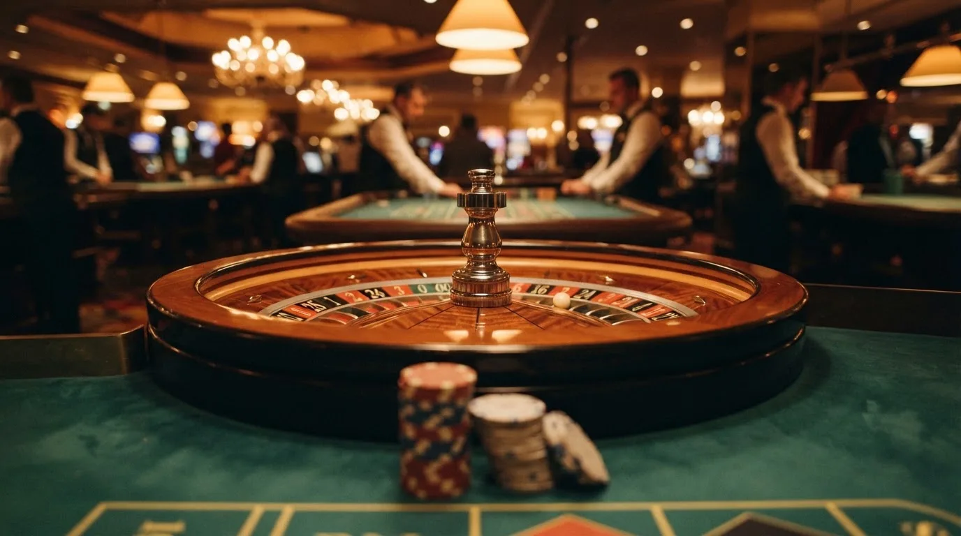 Kotač ruleta i žetoni na zelenom suknu pod toplim večernjim svjetlom — casino s bankovnim transferima