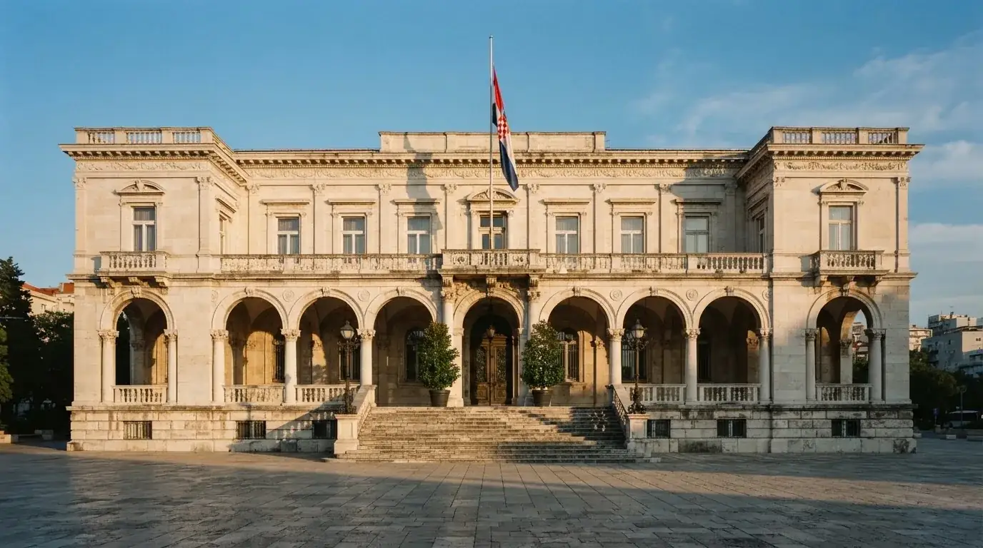 Fasada državne zgrade s lukovima i hrvatskom zastavom u sjaju poslijepodneva, bez ljudi.