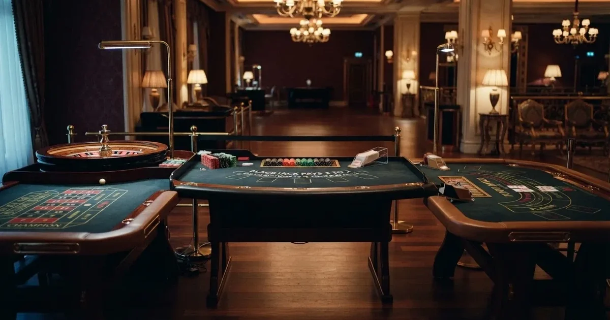 Tri različita stola za igru jedan uz drugi u mirnoj, toplo osvijetljenoj dvorani — casino stranice u hrvatskoj