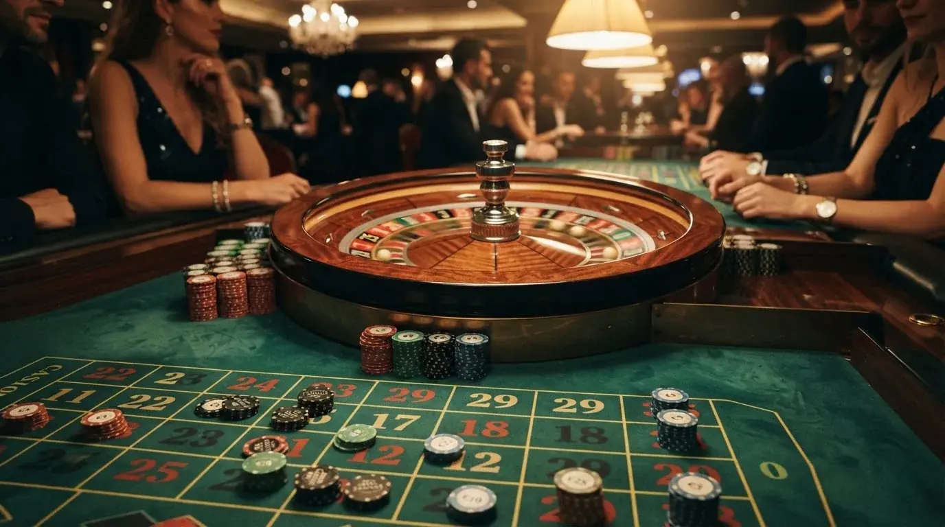 Kotač ruleta i žetoni na zelenom suknu pod toplim večernjim svjetlom — casino stranice u hrvatskoj