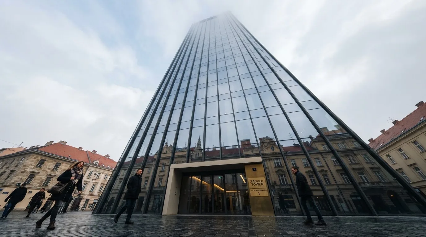 Neboder u središtu Zagreba s odsjajem neba na staklenom pročelju, snimljen s razine ulice.