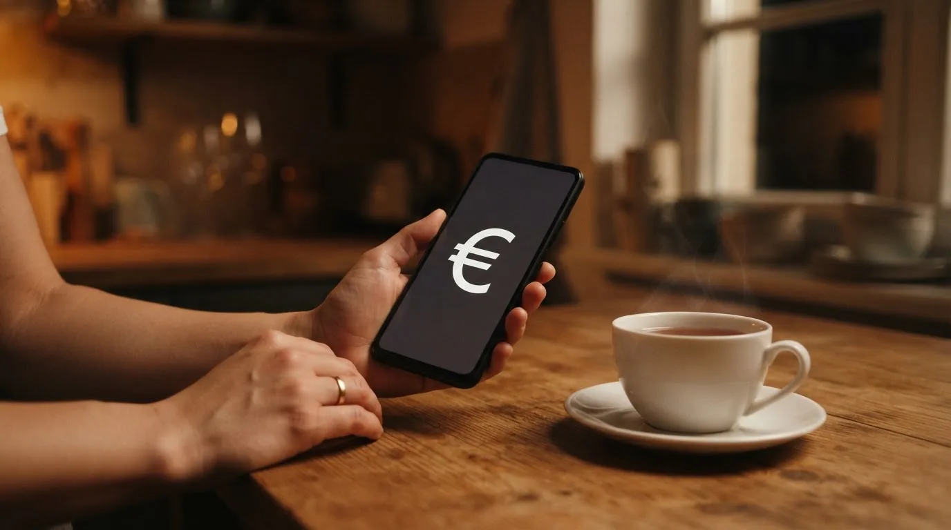 Ruka drži mobitel pokraj šalice čaja na kuhinjskom stolu u mirnu večer — cro casino u hrvatskoj
