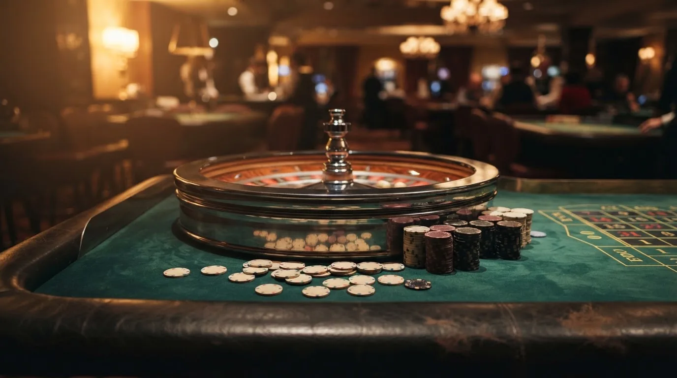 Kotač ruleta i žetoni na zelenom suknu pod toplim večernjim svjetlom — igrati blackjack u hrvatskoj