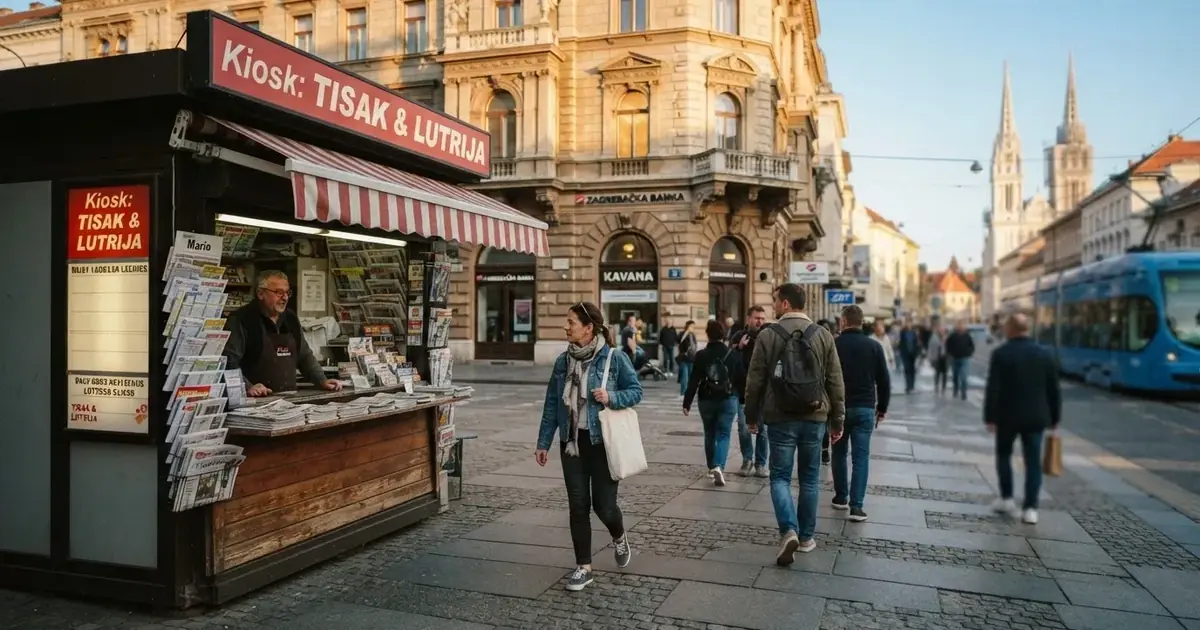 Ulica u centru Zagreba s kioskom za lutrijske listiće i prolaznicima, snimljeno danju.