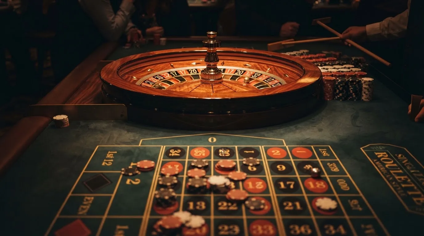 Kotač ruleta i žetoni na zelenom suknu pod toplim večernjim svjetlom — kombinacije za rulet