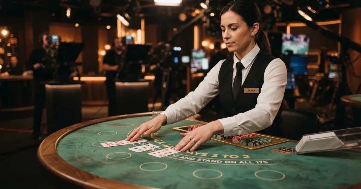 Krupije u elegantnoj uniformi dijeli karte za stolom blackjacka u studiju, snimljeno s boka pod toplim reflektorima.