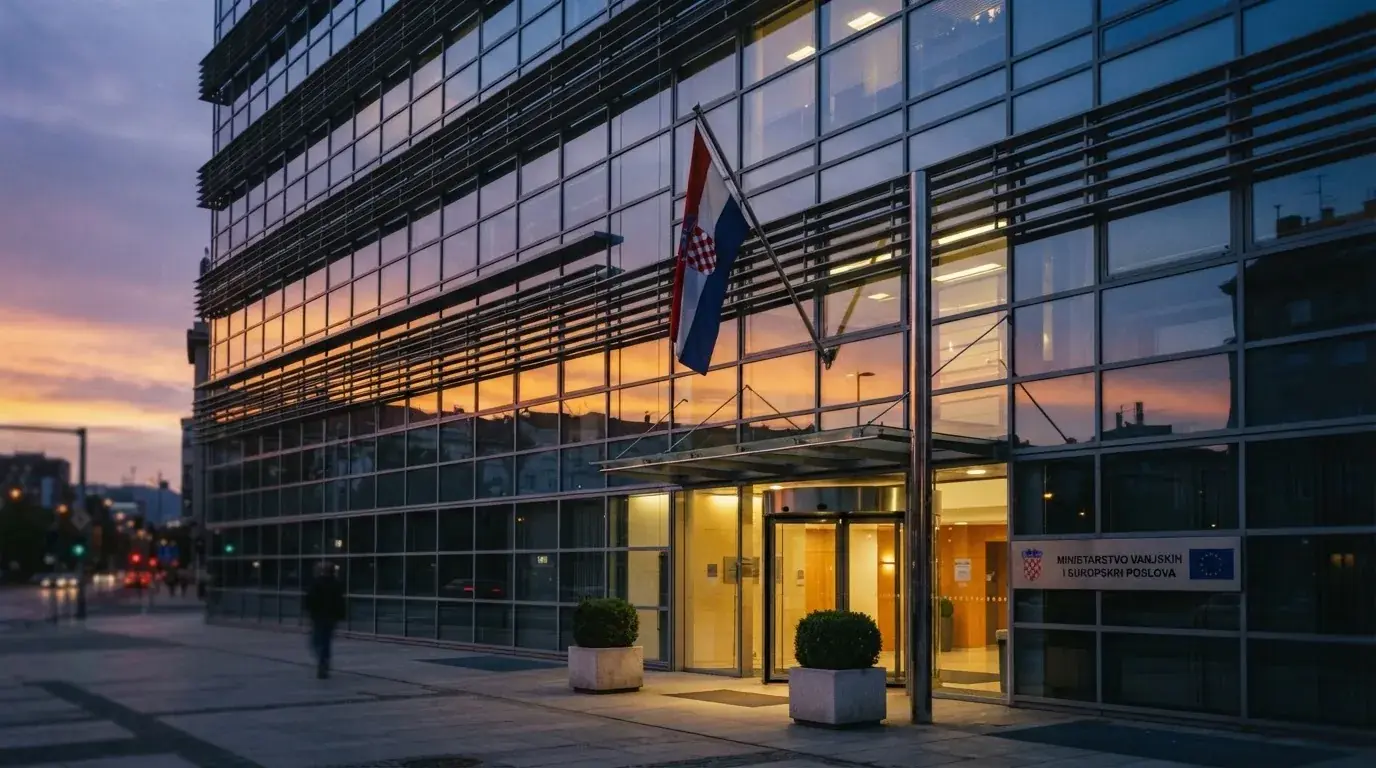 Fasada moderne državne zgrade u Zagrebu s ravnim staklenim pročeljem i hrvatskom zastavom, snimljena u sumrak.