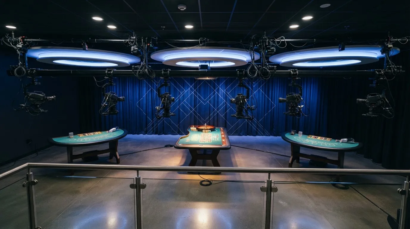 Prostrani televizijski studio za igre uživo s nekoliko praznih stolova, kamerama na postoljima i mekim plavim osvjetljenjem.