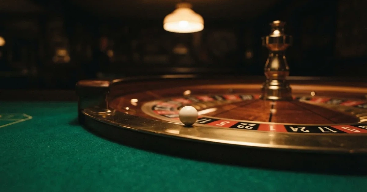 Krupni plan bijele loptice koja se vrti po rubu drvenog kotača ruleta u prigušeno osvijetljenoj dvorani.