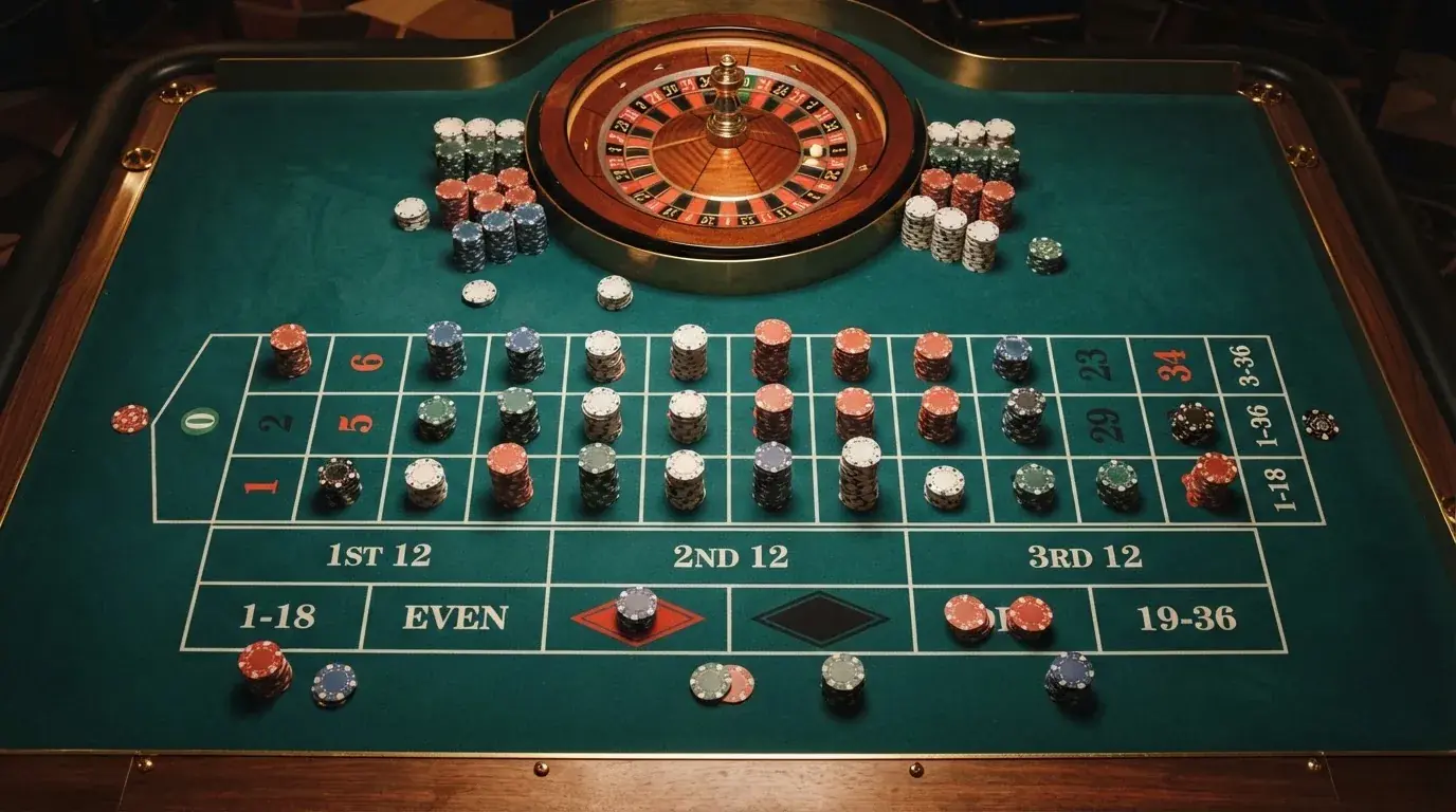 Pogled odozgo na zeleno sukno ruleta sa žetonima različitih boja složenim u male stupce, pod toplim svjetlom.