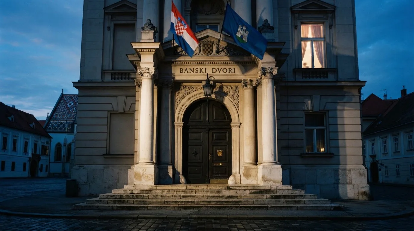 Ulaz u zgradu ministarstva u Zagrebu s kamenim stubama i zastavama, snimljen u jutarnjem svjetlu.