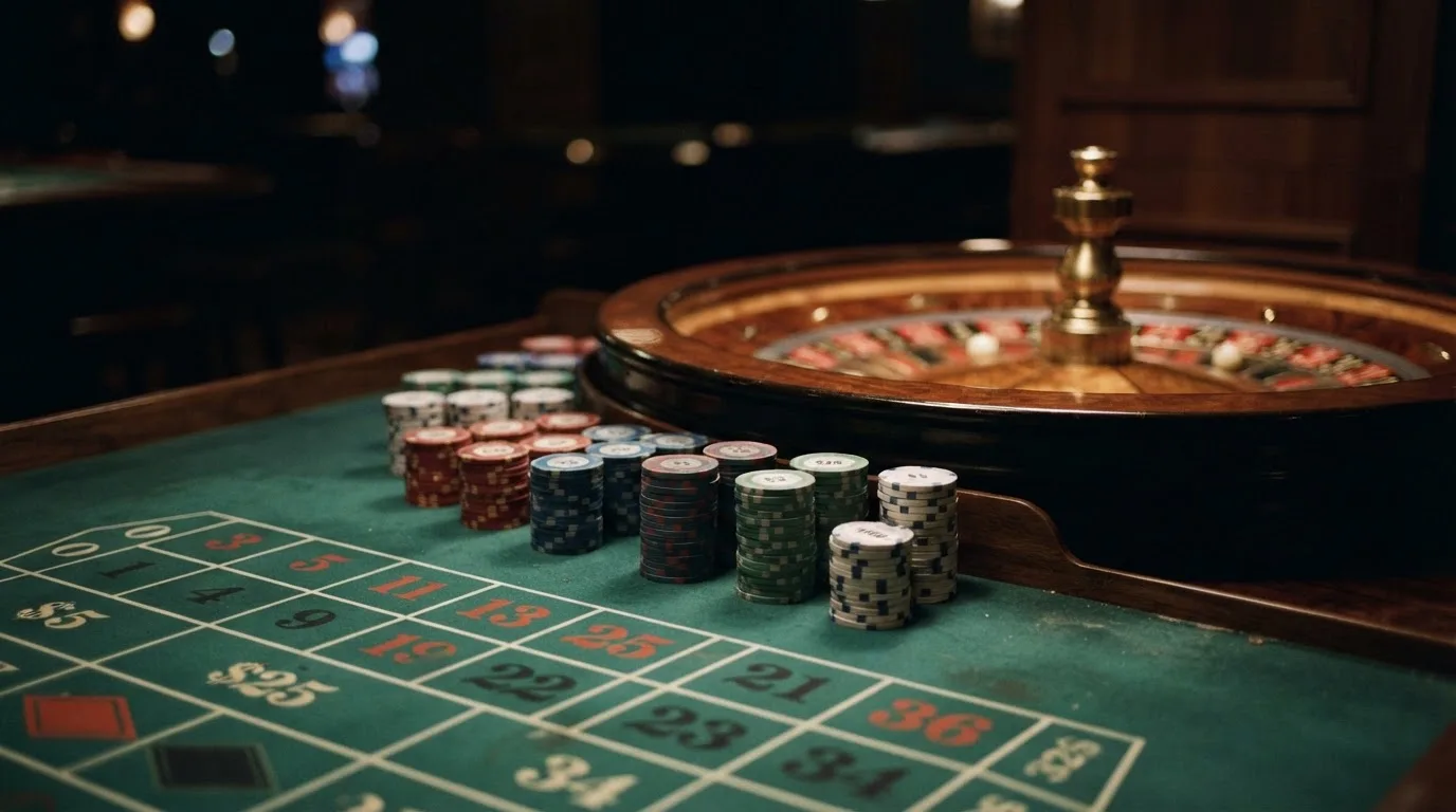 Žetoni naslagani u stupce uz rub zelenog stola, u pozadini zamućen kotač ruleta.